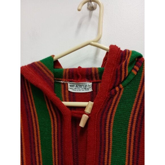 Vintage 90s Sweater Jacket Womens Large Green Red Striped Hooded BOHO Hippie - Picture 7 of 11